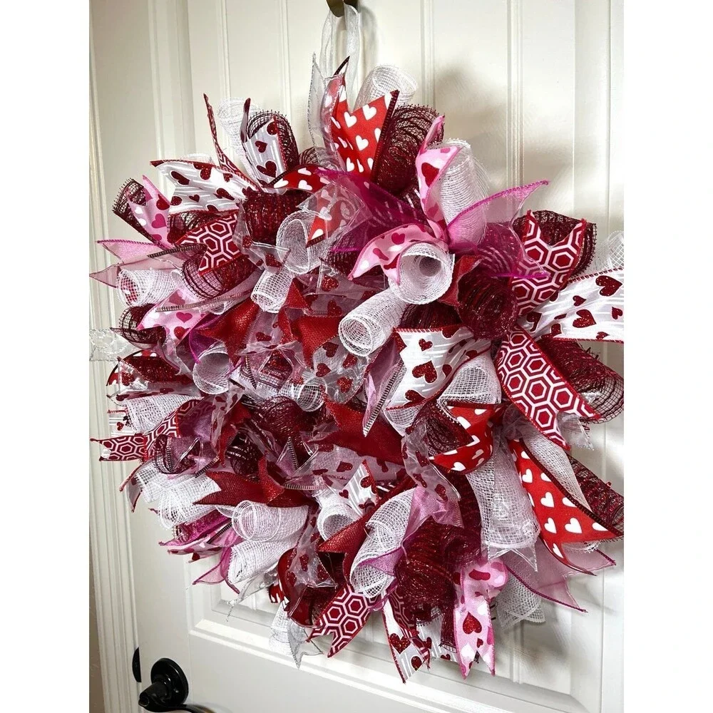 Handmade 22” Valentine’s Day Ribbon Mesh Wreath Hearts in Red & Pink w23